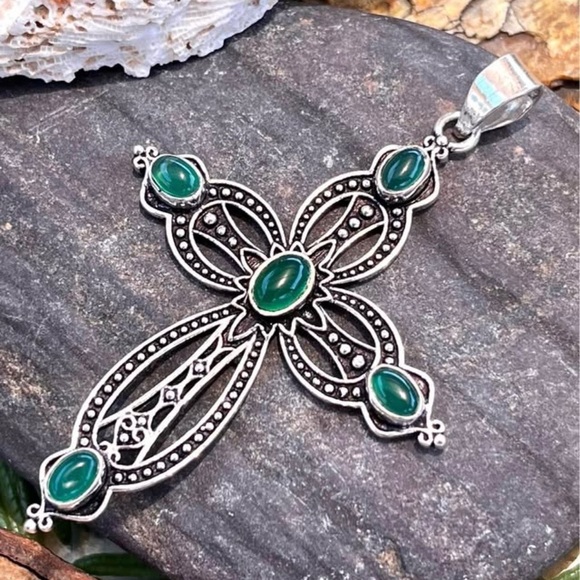 Green Onyx Sterling Silver 2.5” Cross Pendant - Picture 3 of 5